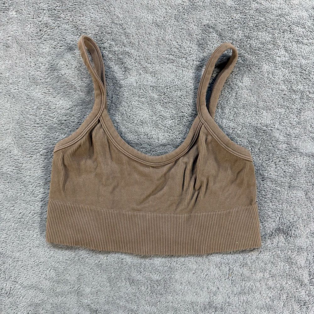 White Fox Ribbed Seamless Cropped Tank Top Bralette Scoop Neck Brown